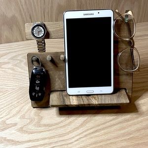 Natural Walnut Wood Phone Docking Station, Key Hooks, Coin Wallet & Watch Stand